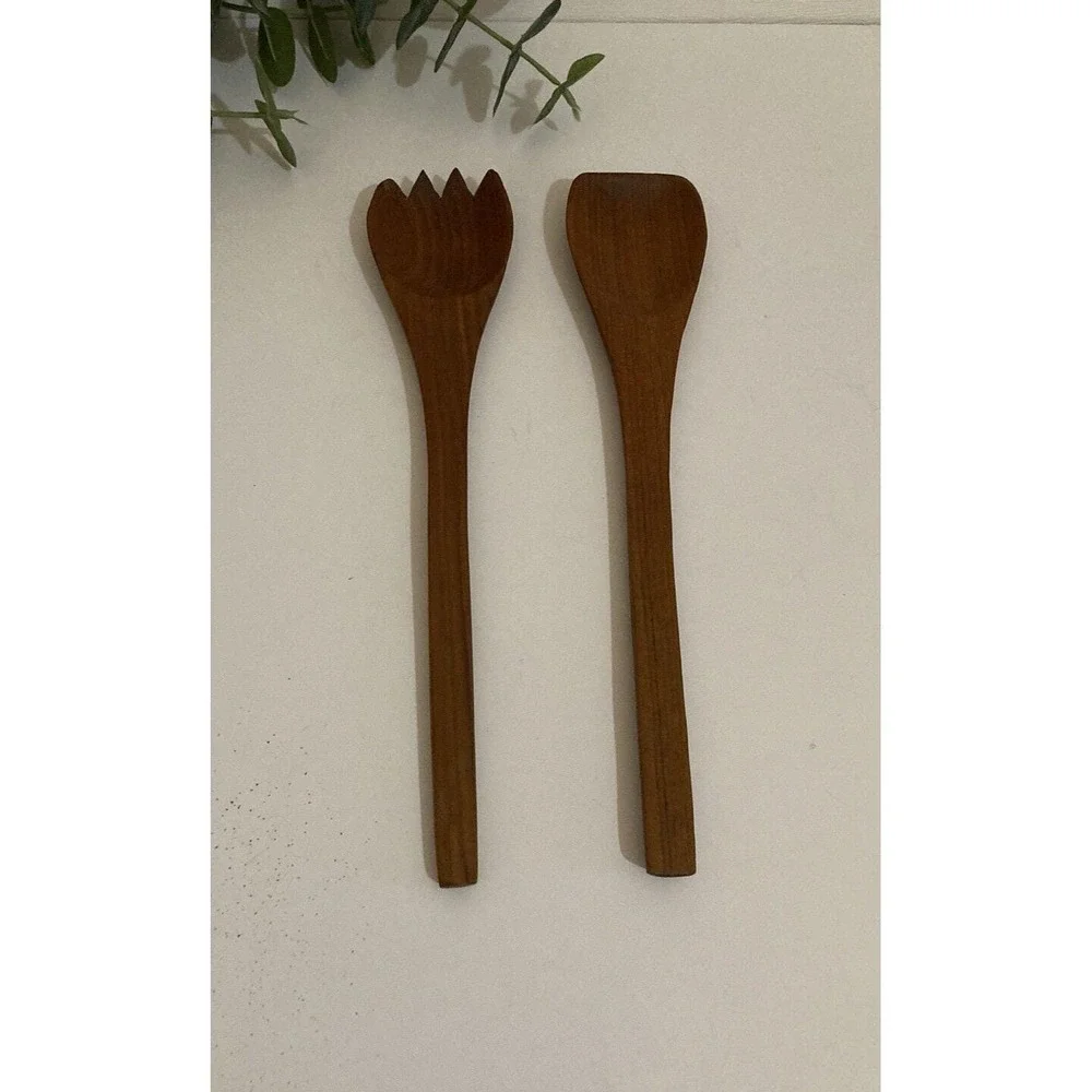 Vtg Teak Wood Salad Serving Set Spoon and Fork Salad Utensils MCM
